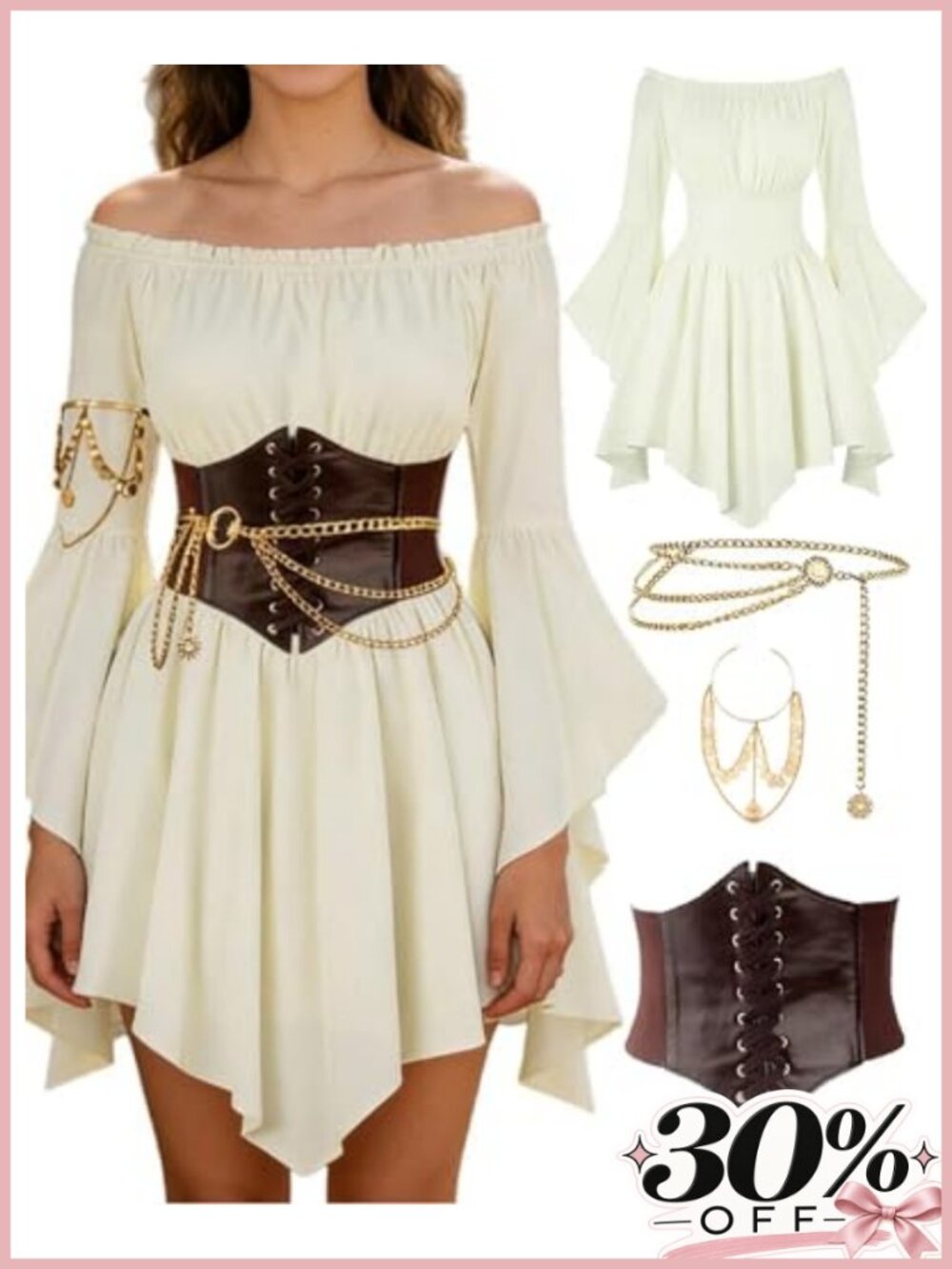 Women's Renaissance Pirate Costume Dress with Corset Halloween Cosplay 4-Piece